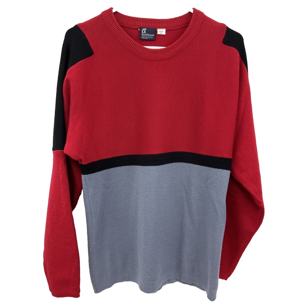 VTG SportAround Men's 100% Wool Sweater Size M Red Black Gray Pullover Hong Kong